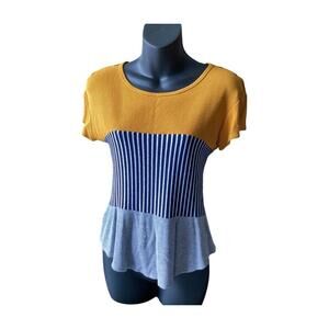Women's marci Colorblock Top Mustard Yellow Navy Stripe Gray Ribbed Short Sleeve